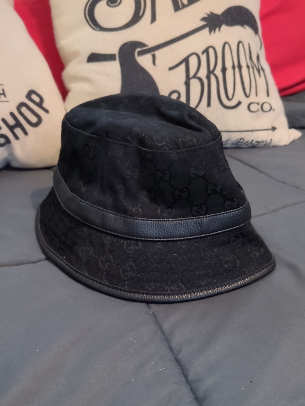 Gucci Black Tonal GG Canvas Bucket Hat with Leather Trim